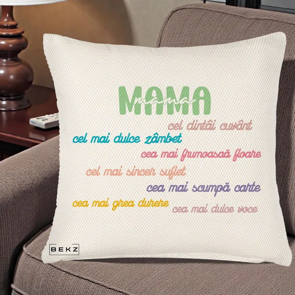 Perna personalizata mama: Mama, cel dintai cuvant, text colorat, 45x45 cm cu Umplutura, Crem Reliefat, BEKZ
