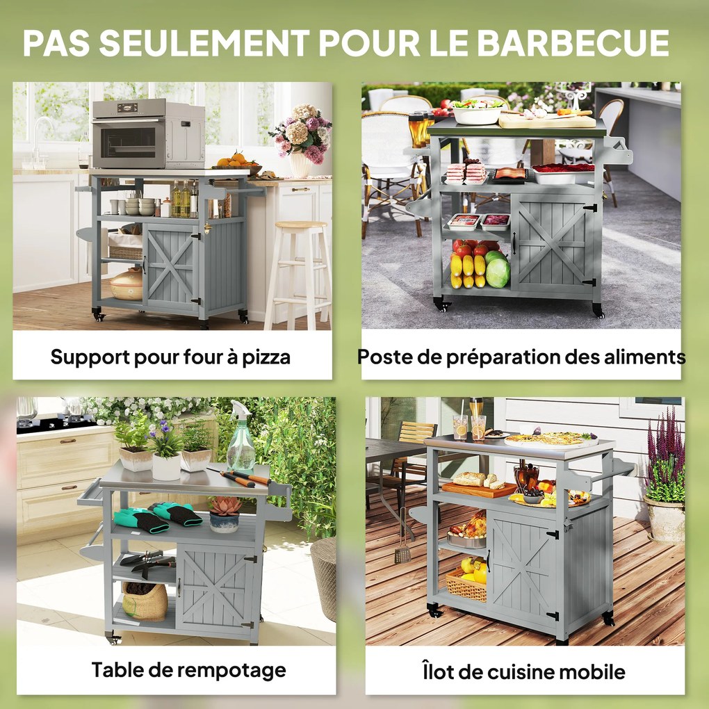 Outsunny Servantă de grădină căruț pentru grătar pe roți cu blat din oțel inoxidabil 107x49,5x92,5cm gri | Aosom Romania