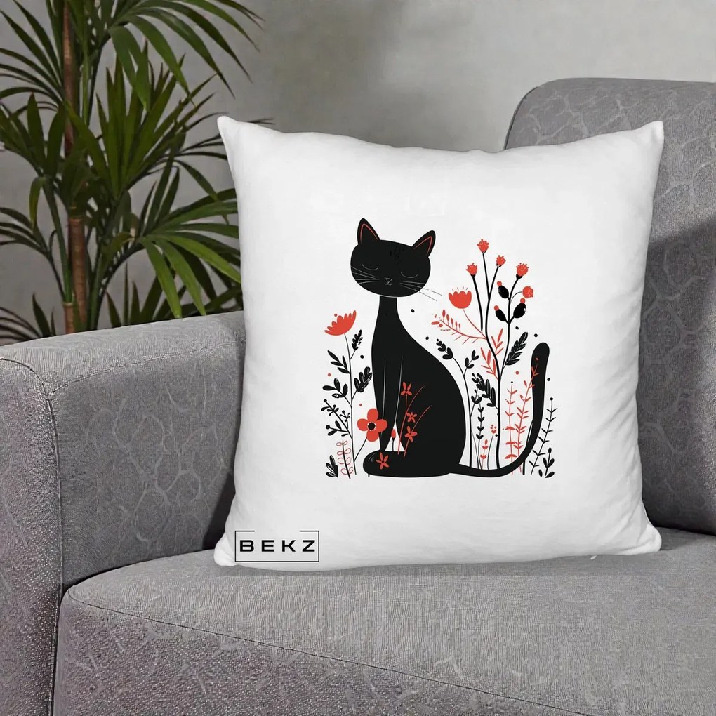Perna Decorativa Pisica Neagra Flori Rosii Folk Minimal, 40x40 cm, Alb Pufos, Husa Detasabila, Perna Inclusa, BEKZ®