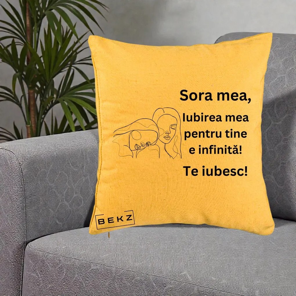 Cadou pentru Sora - Perna Personalizata Sora Mea Te Iubesc Line Art Portrete Fata in Fata, 40x40 cm, Galben, Husa Detasabila, Perna Inclusa, BEKZ®