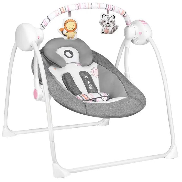 Lionelo - Fotoliu balansoar electric, Ruben, Cu spatar reglabil, Cu 12 melodii relaxante si sunete ale naturii, Cu 3 programe de balansare automata, Conform cu standardul european EN 16232, 68x65 cm, Gri/Roz