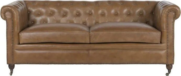 Canapea Chesterfield cu 3 locuri din piele, maro, spătar și brațe capitonate cu ținte, picioare cu rotile, finisaj antichizat, 80 x 190 x 77 cm,
