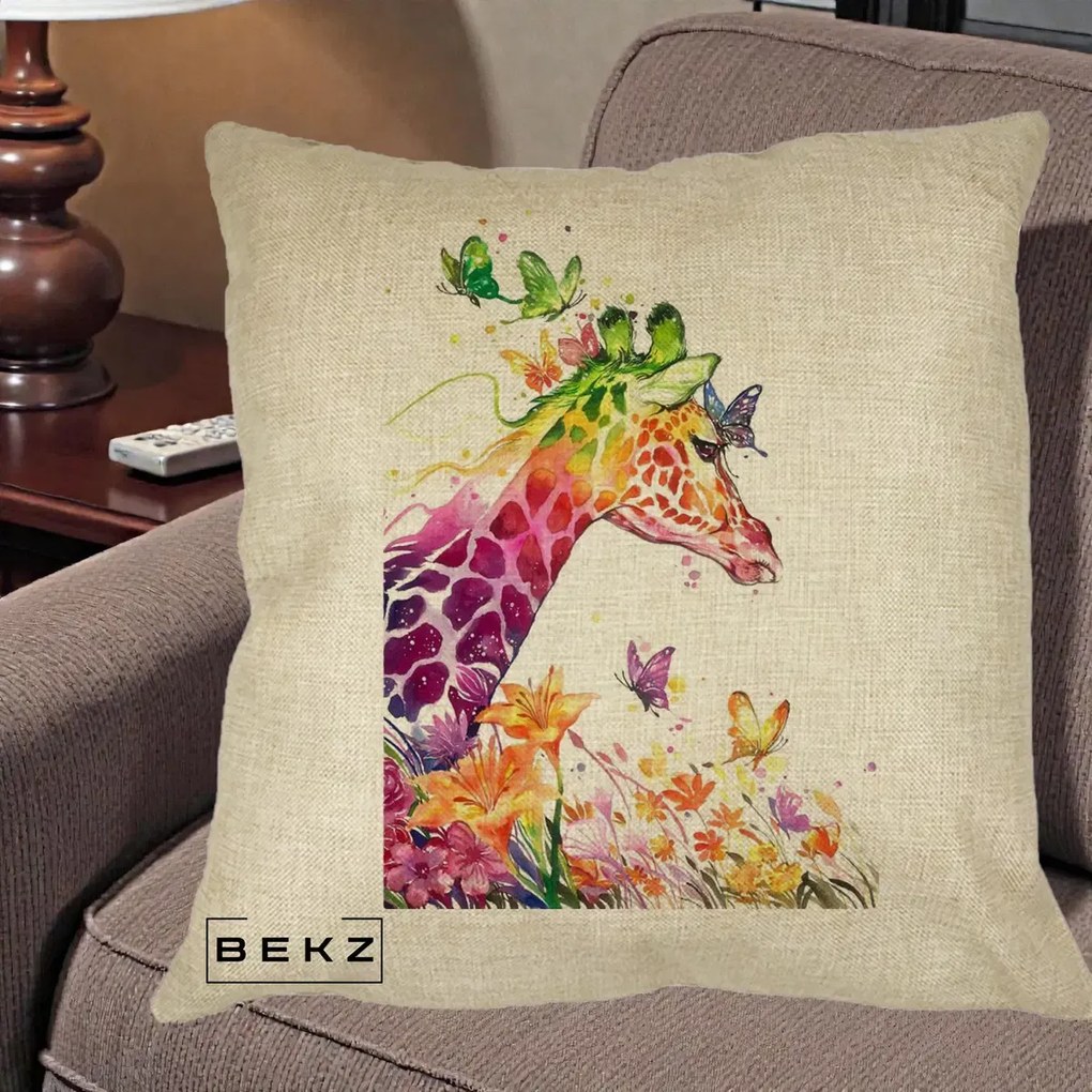 Perna Decorativa Girafa Curcubeu Acuarela, 40x40 cm, Crem, Husa Detasabila, Perna Inclusa, BEKZ®