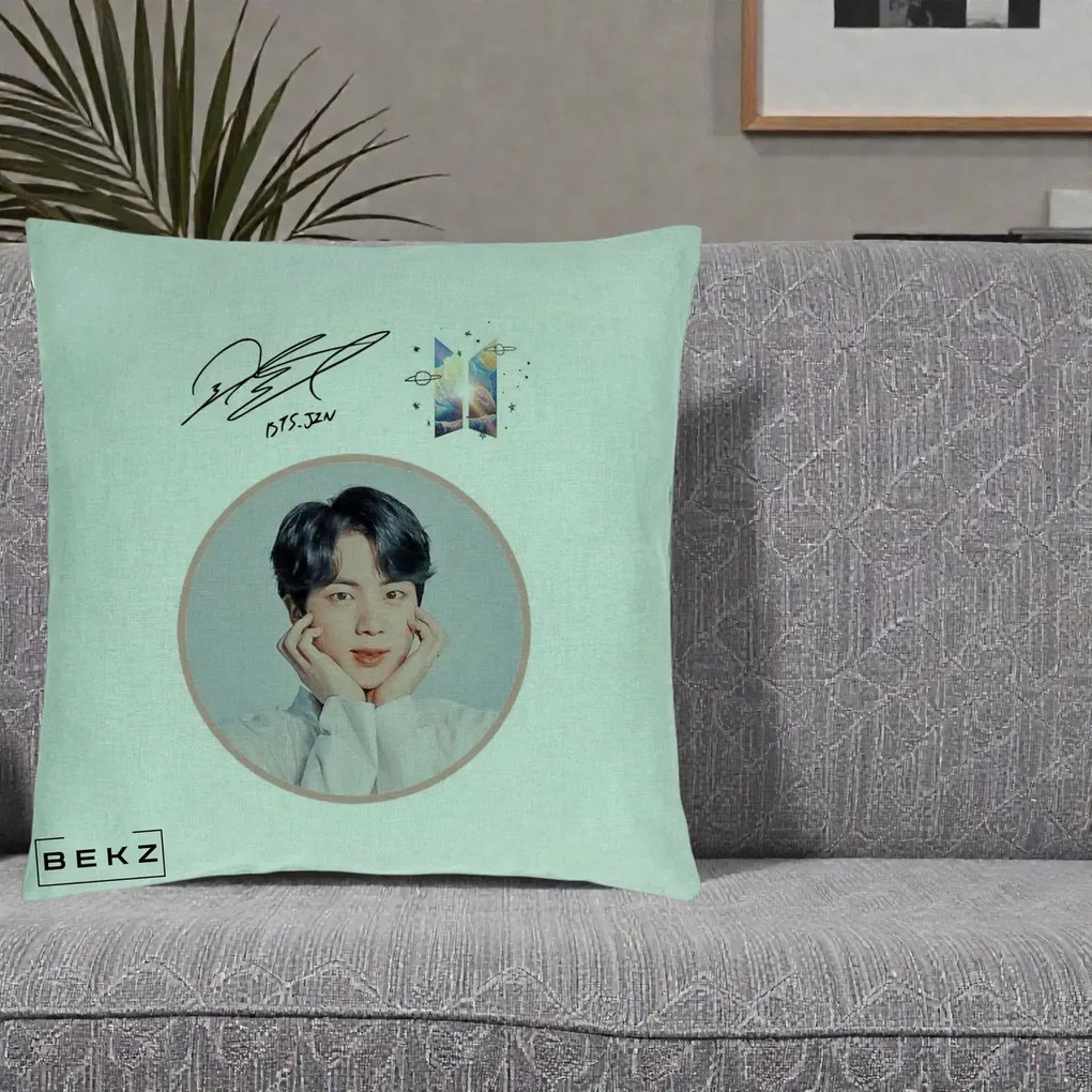 Perna personalizata K-pop BTS Jin Portret cu Autograf, 40x40 cm cu Umplutura, Verde Menta, BEKZ