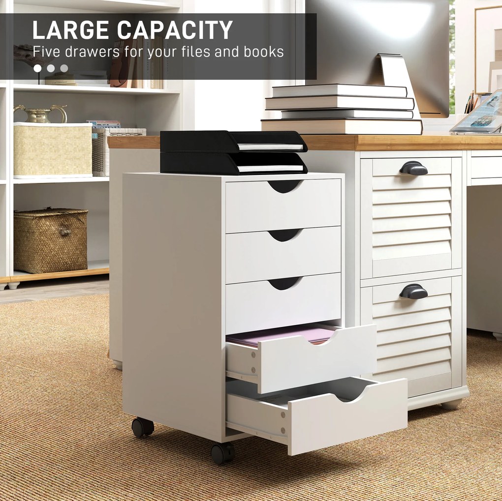 HOMCOM Dulap de birou cu 5 sertare și roți pivotante cu frâne, 40x40x67 cm, alb | Aosom Romania