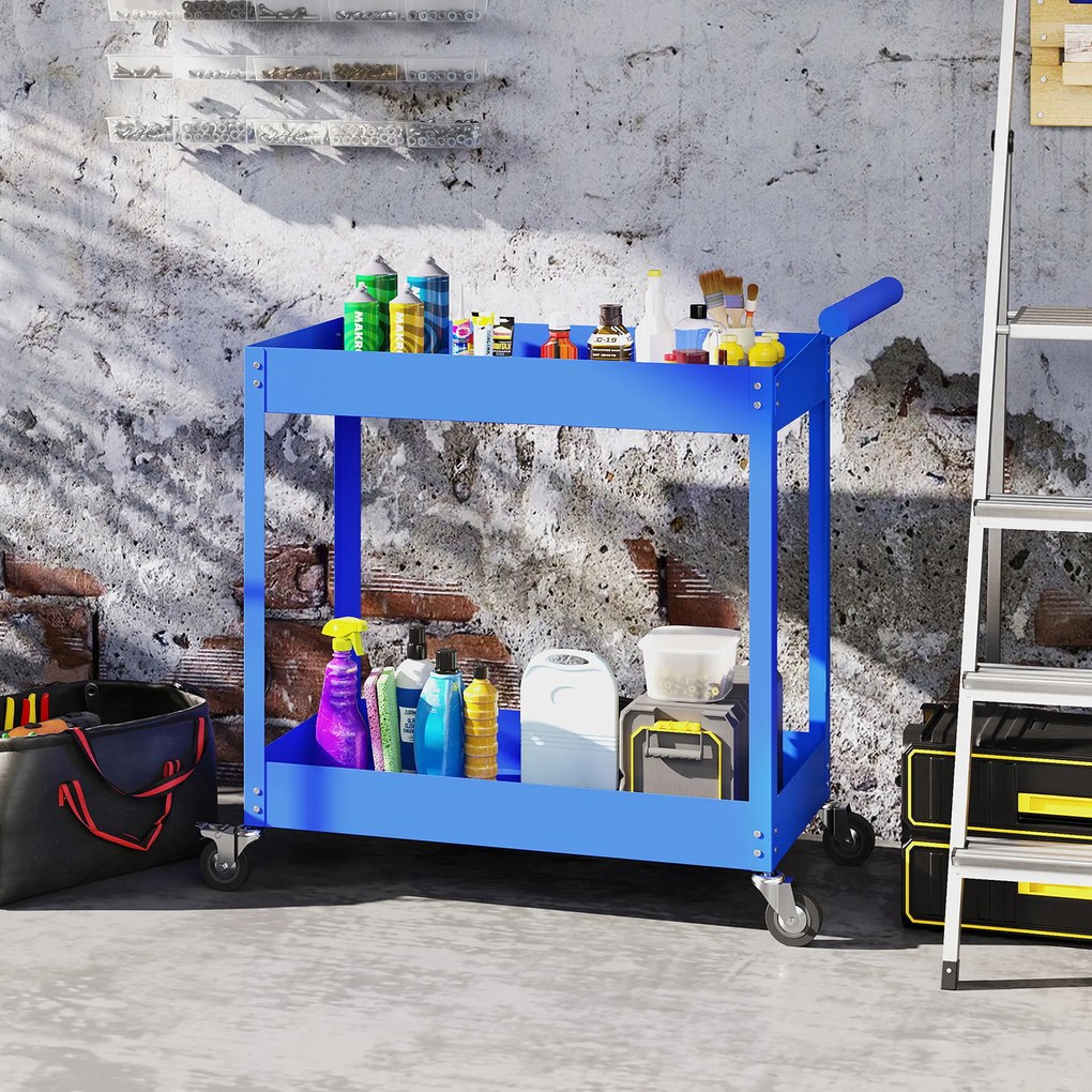 DURHAND Cărucior de atelier servantă cu 2 nivele, mâner lateral și roți blocabile, 84,5x38x84cm, bleu | Aosom Romania