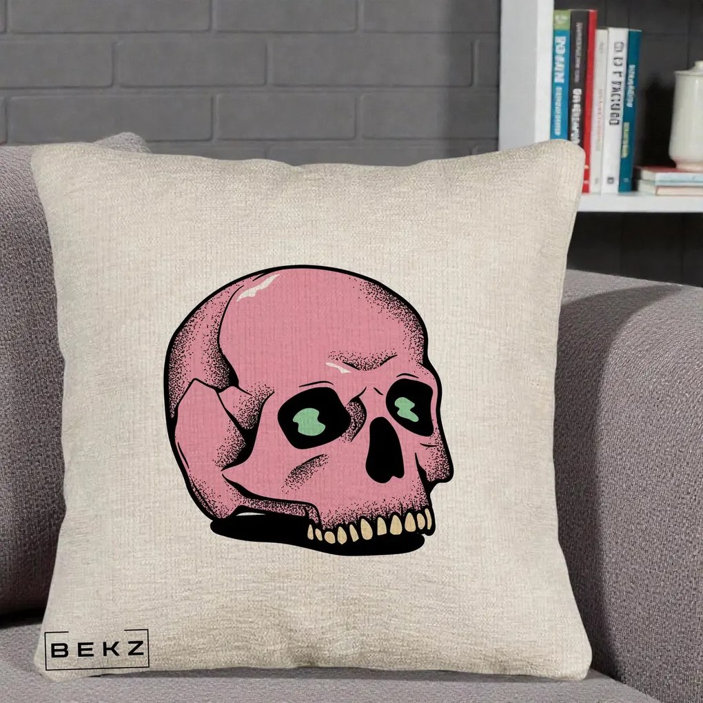 Perna Decorativa Craniu Roz Tatoo Art Halloween, 40x40 cm, Bej Canapea, Husa Detasabila, Perna Inclusa, BEKZ®