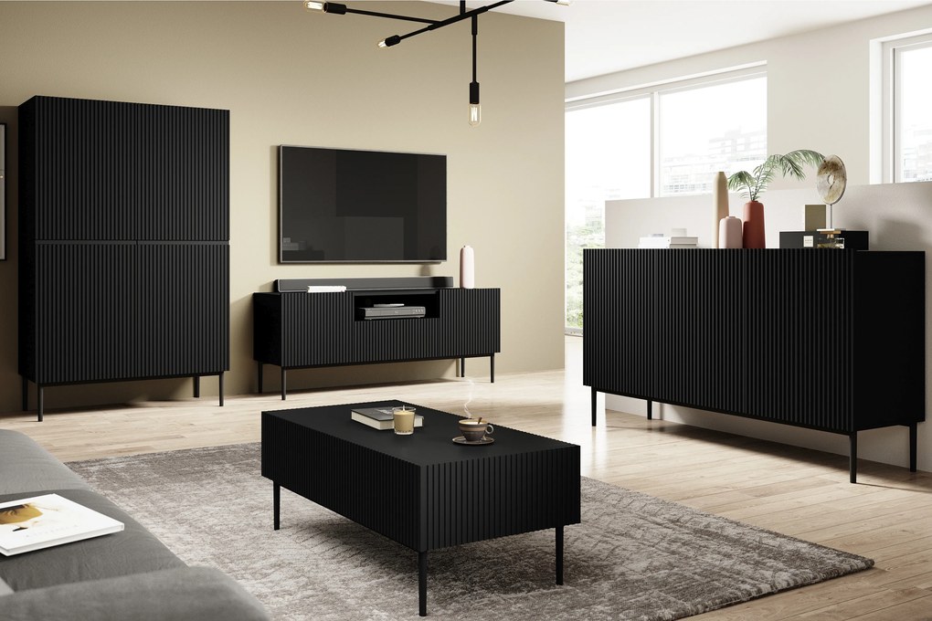 Masuta de cafea Nicole 120 cm cu sertare si picioare metalice - negru mat / picioare negre