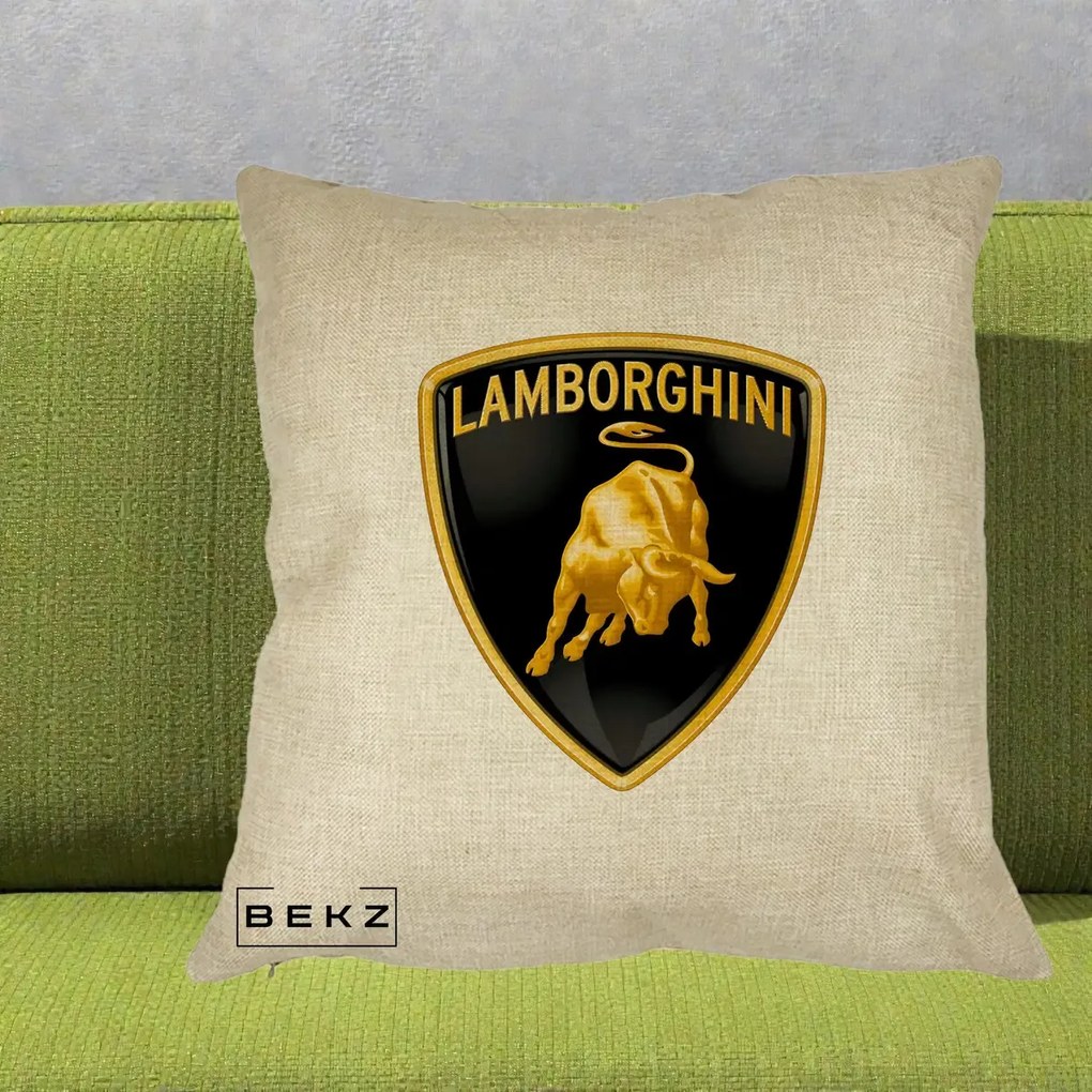 Perna Personalizata cu emblema Lamborghini, 40x40 cm, Crem, Husa Detasabila, Perna Inclusa, BEKZ®