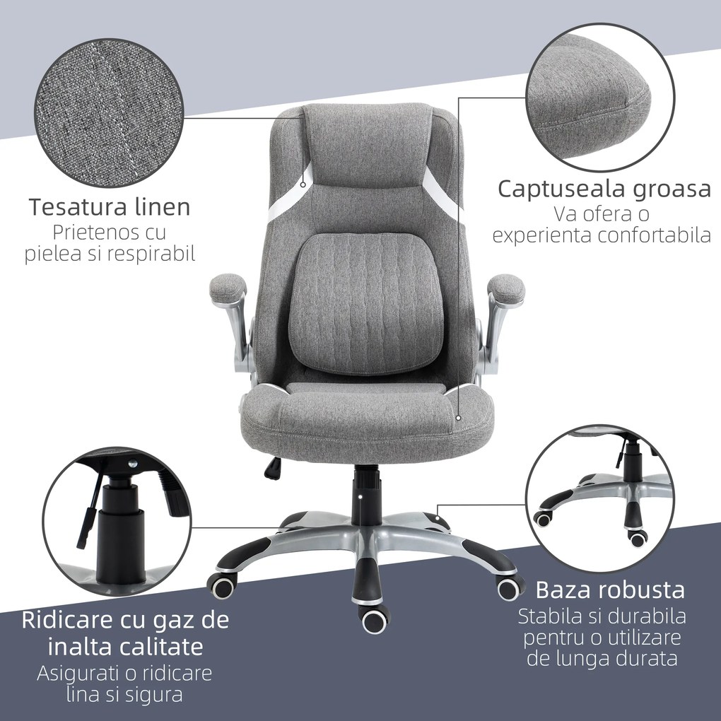 Scaun de Birou Vinsetto Ergonomic din Țesătură Efect In, cu Spumă de Cauciuc și Cadru din Oțel, Înălțime Reglabilă, 68x76x109-117cm, Gri | Aosom România