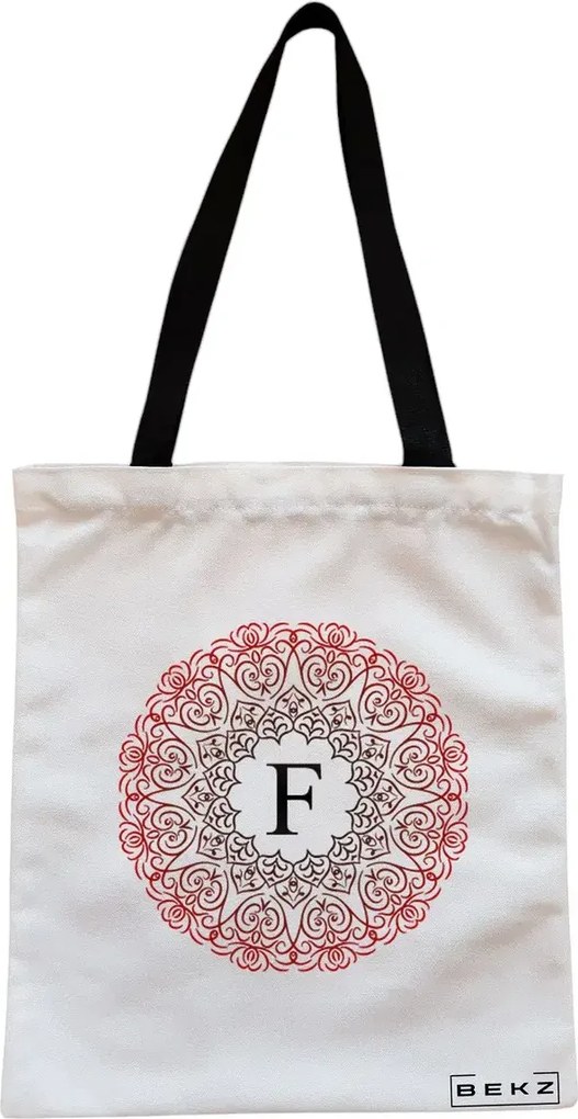 Sacosa de Panza pentru Cumparaturi, Geanta Tote, Cu litera F si Mandala, Cu fermoar, 38x34.5 cm, Alba, BEKZ®