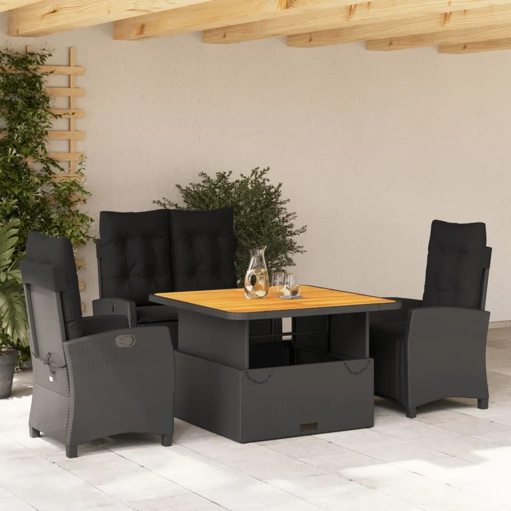 vidaXL Set mobilier de grădină cu perne, 4 piese, negru, poliratan
