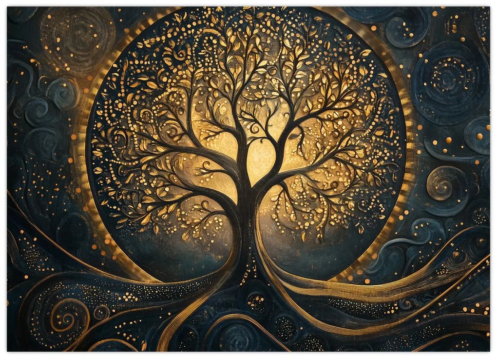 Tablou pe sticlă – Arbore cu aură aurie (70x50 cm)