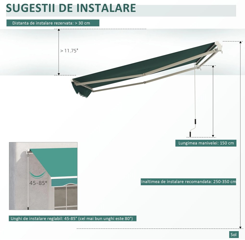 Outsunny Rulou Parasolar de Perete Impermeabil, Protecție UV și Rezistență la Apă, 295x245 cm, Verde | Aosom Romania
