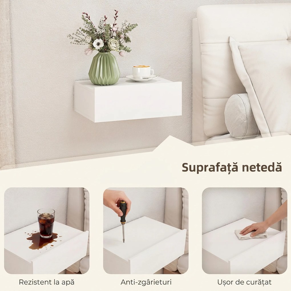 HOMCOM Set de 2 Noptiere Suspendate pentru Dormitor cu Sertar, 40x30x15 cm, Alb | Aosom Romania