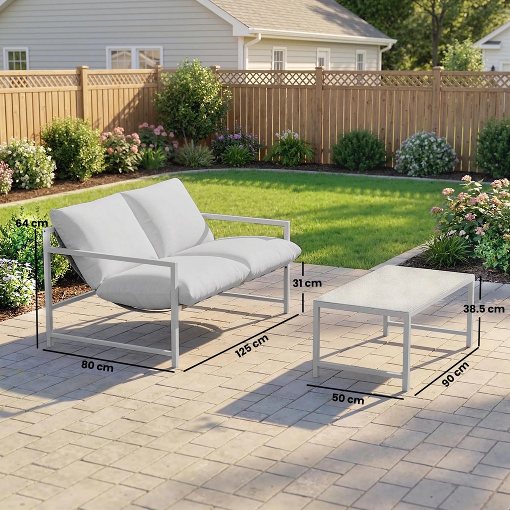 Outsunny Set mobilier de grădină exterior 2 piese, canapea cu perne, masă de cafea cu blat din sticlă securizată marmorat 3D, 125x80x64cm, gri deschis | Aosom Romania