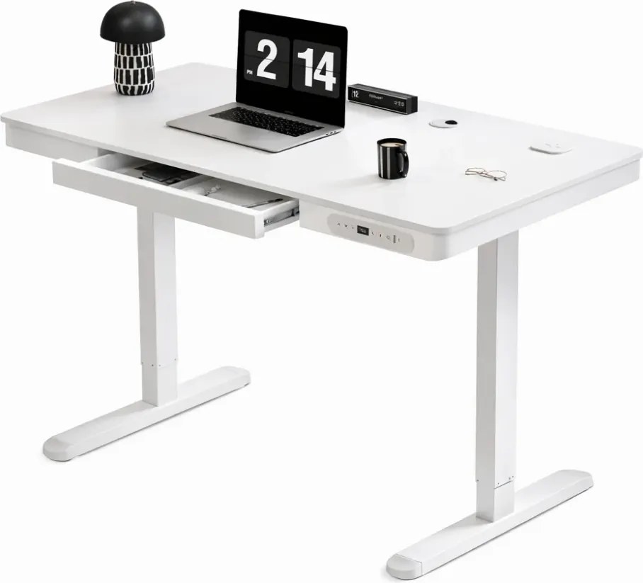 Birou Electric Reglabil pe Înălțime cu Sertar Ascuns, Încărcare Wireless & USB, Senzor de siguranță, 160x60, Alb