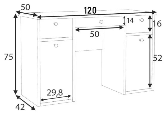 BIA519 - Birou 120 cm, masa de calculator cu 3 sertare, office - Alb cu manere tip Cristal