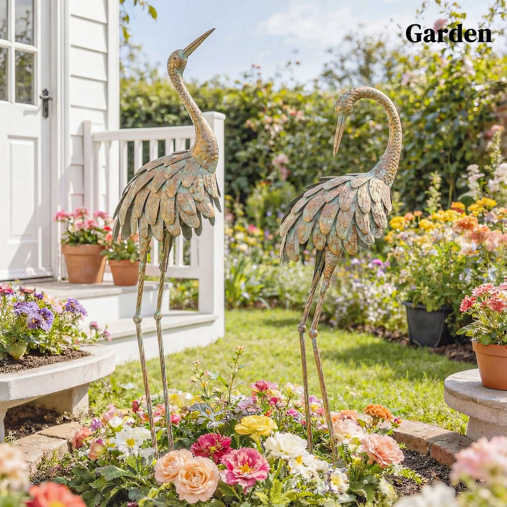 Outsunny Set de 2 statui de grădină, sculptură de stârc din metal, statui de păsări 91/95cm, pentru curte, iaz, terasă, auriu/albastru | Aosom Romania