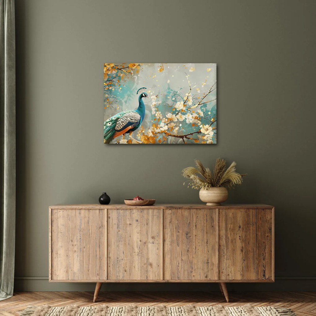 Tablou - Păun cu decor de aur (70x50 cm)