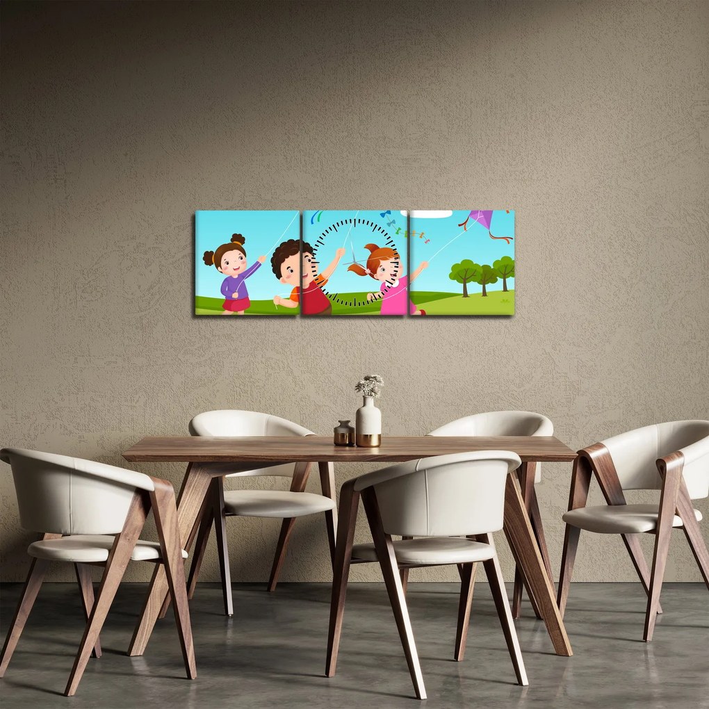 Tablou - Copii cu zmeu (cu ceas) (90x30 cm)