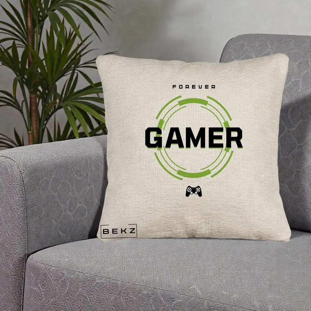 Perna Personalizata Forever Gamer, 40x40 cm, Bej Canapea, Husa Detasabila, Perna Inclusa, BEKZ®