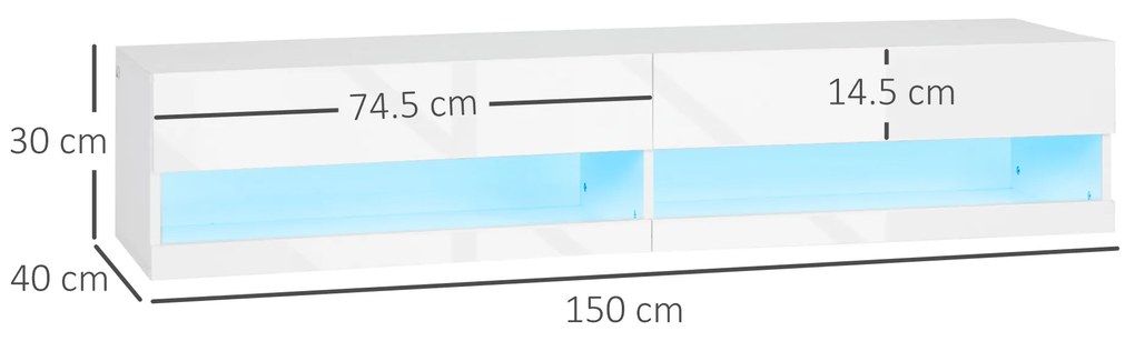 HOMCOM Dulap pentru Televizor Suspendat cu Luciu Intens pentru Televizoare de pana la 65” cu Lumini LED, Alb | Aosom Romania