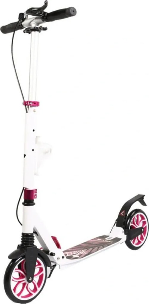 Trotineta din aluminiu cu frana pe disc NOVOKIDS™ Fiore Plus, maxim 100 kg, Franare dubla, Suspensie dubla, Diametru roata 200 mm, Alb cu Roz
