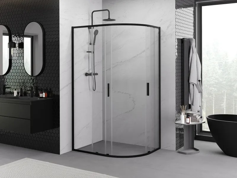 Mexen Exo cabină de duș semicirculară asimetrică de tip culisant 90 x 80 cm, transparent, negru - 8132-090-080-70-00