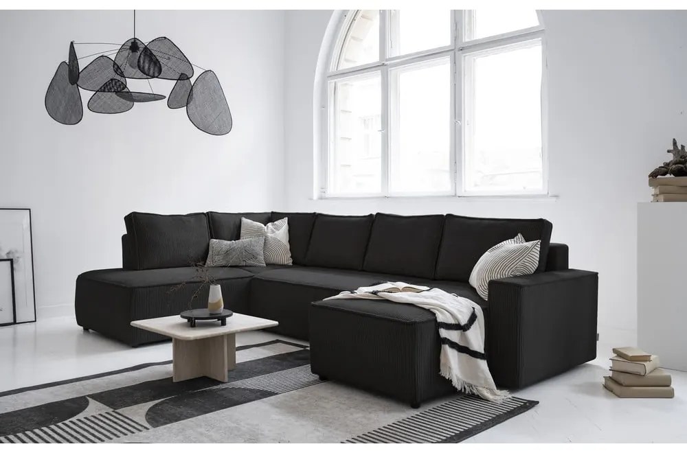 Colțar gri antracit extensibil cu tapițerie din catifea reiată (cu colț pe partea stângă /în formă de "U") Brave Dave – Miuform