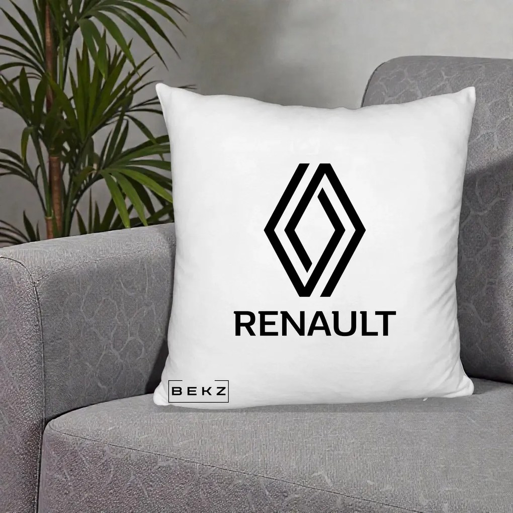 Perna Personalizata cu emblema Renault, 40x40 cm, Alb Pufos, Husa Detasabila, Perna Inclusa, BEKZ®