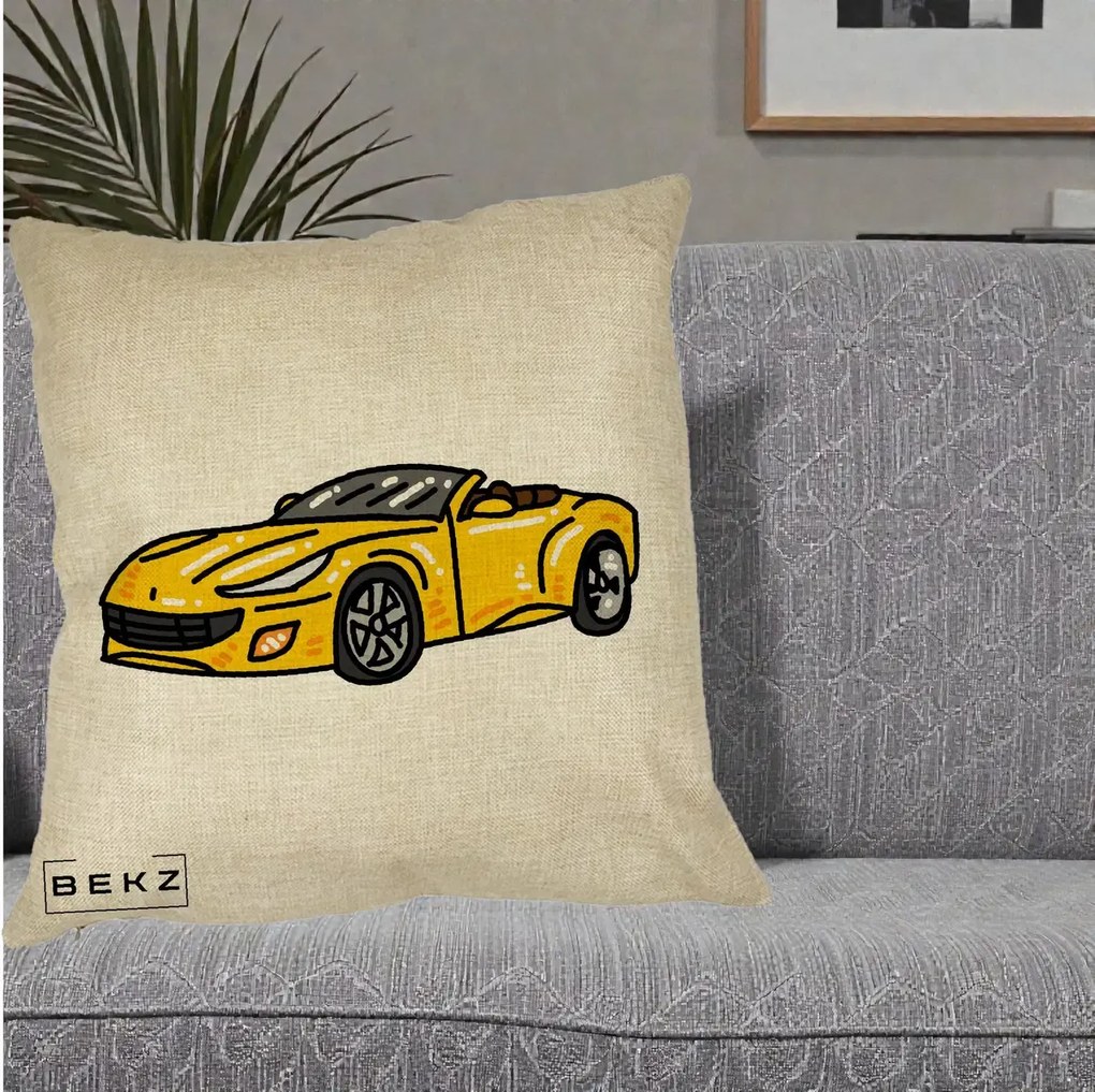 Perna Personalizata Masina Cabriolet Galbena Grafic, 40x40 cm, Crem, Husa Detasabila, Perna Inclusa, BEKZ®