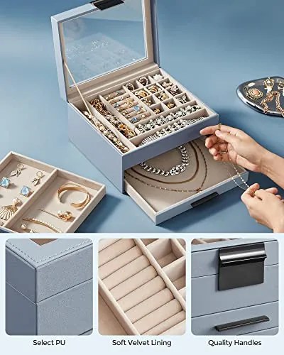 Cutie bijuterii cu 2 sertare, MDF / piele ecologica, albastru, Songmics