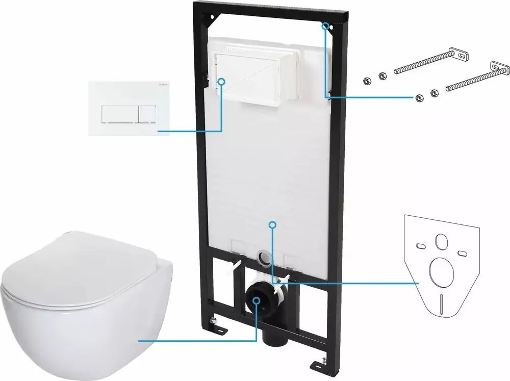 Set vas WC suspendat Deante Peonia Zero alb cu cadru de toaleta, rezervor ascuns si buton de actiune alb