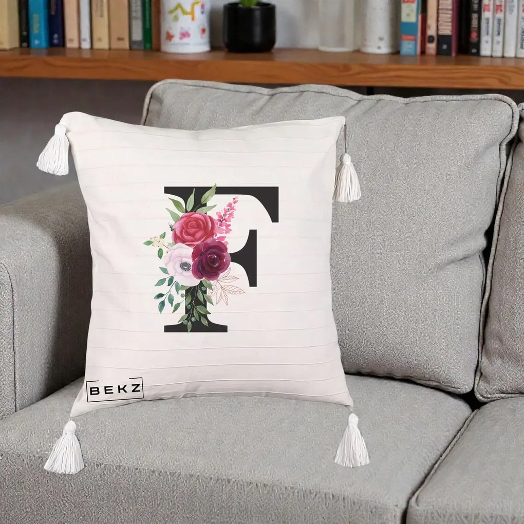 Cadou Personalizat - Perna Personalizata Monograma Florala Litera F, 40x40 cm, Bej cu Franjuri, Husa Detasabila, Perna Inclusa, BEKZ®
