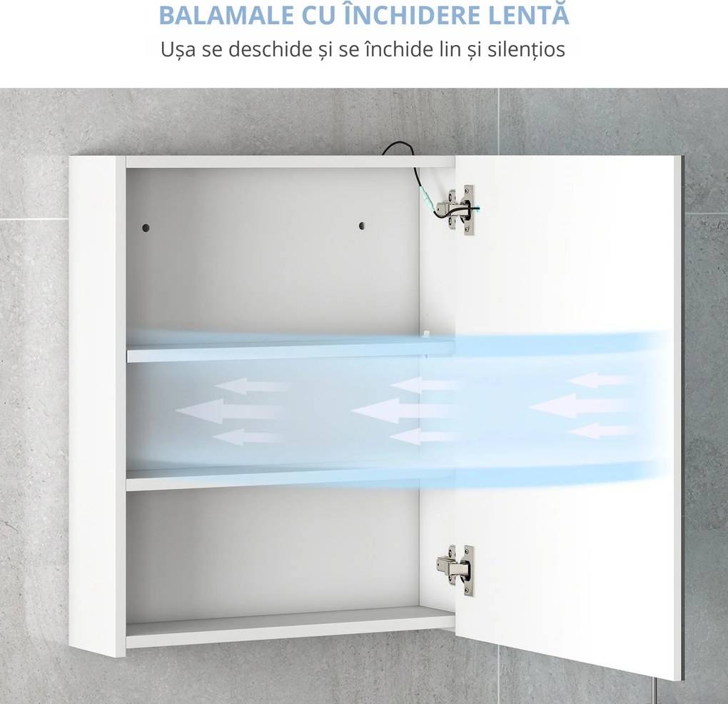 HOMCOM Dulap Baie cu 1 Usa Basculanta Oglinda si Lumini LED 60 x 50 x15cm | Aosom Romania