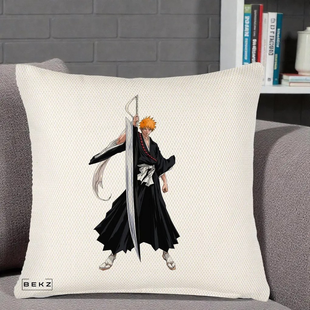 Perna Personalizata Bleach Ichigo Kurosaki Zangetsu, 40x40 cm, Crem Reliefat, Husa Detasabila, Perna Inclusa, BEKZ®