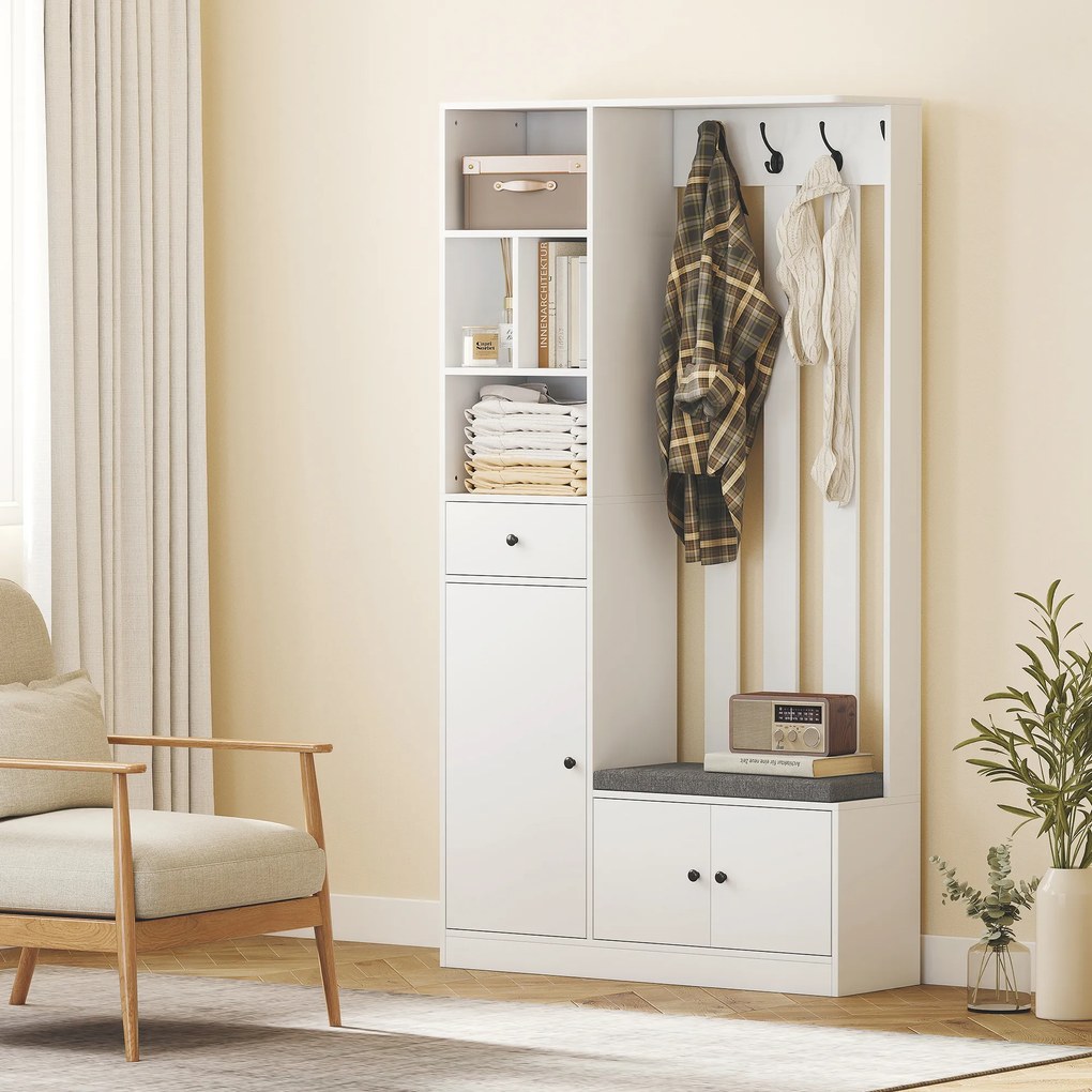 HOMCOM Dulap pentru hol 180 cm cu suport pentru haine, bancă pentru încălțăminte, 4 cârlige, polițe deschise, MDF, Alb | Aosom Romania