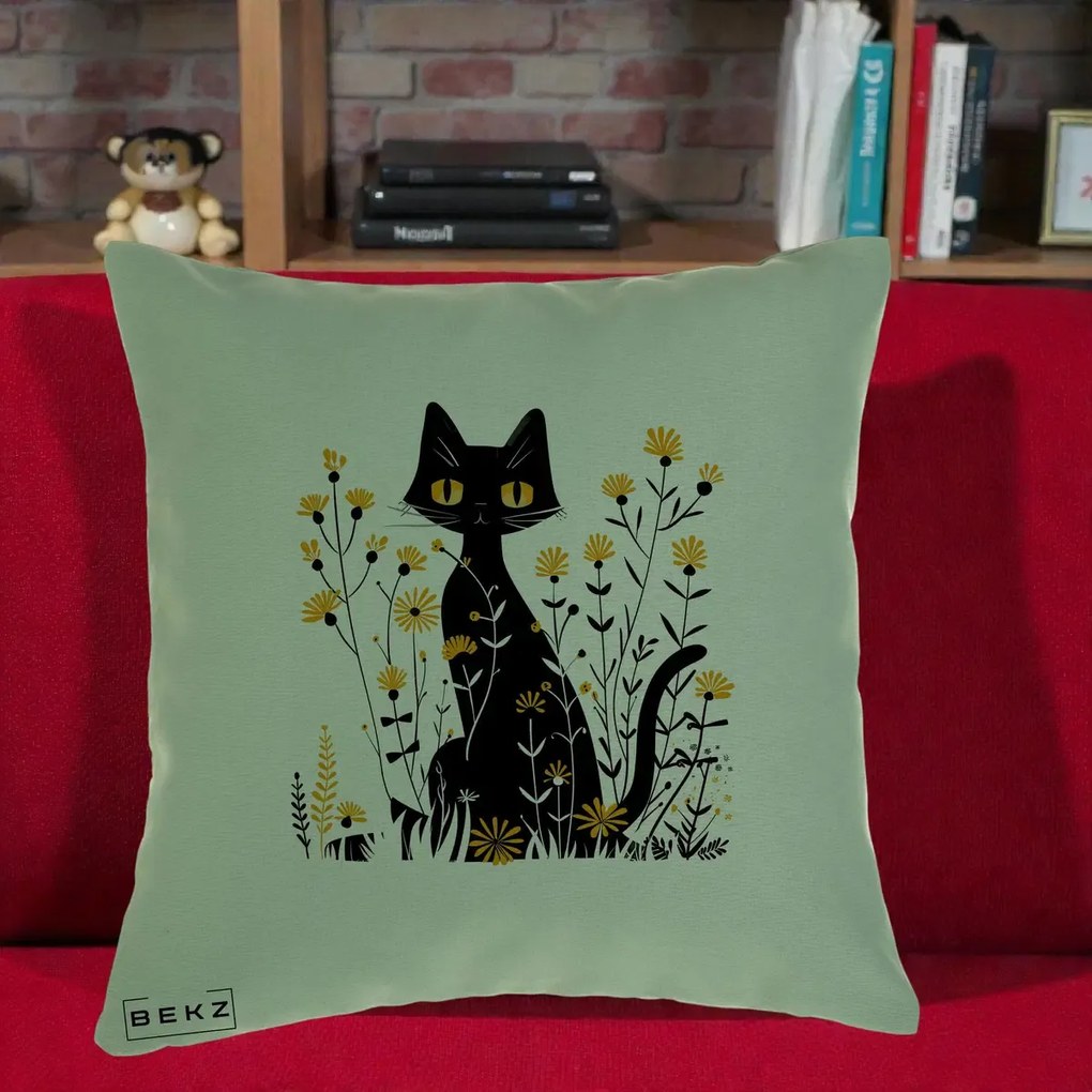 Perna Decorativa Pisica Neagra Ochi Galbeni Flori Galbene, 40x40 cm, Verde, Husa Detasabila, Perna Inclusa, BEKZ®