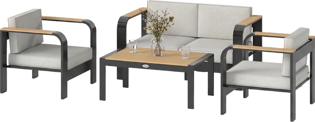 Outsunny Set mobilier grădină din aluminiu, grup de șezut pentru 4 persoane, rezistent la apă, extra-adânc, cu canapea 2 locuri, 2 fotolii, măsuță laterală | Aosom Romania