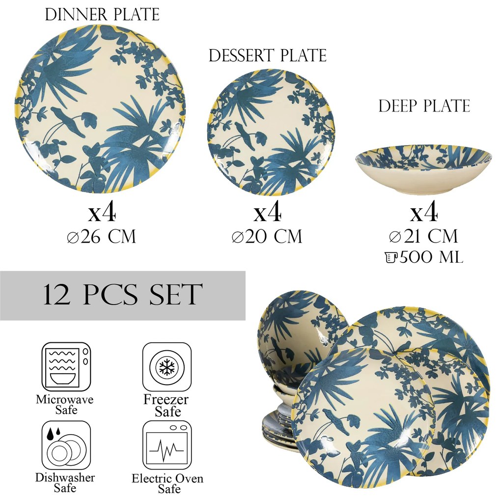 Set 12 Piese Summer 33 Albastru Inchis: 4 Farfurii Intinse 26cm, 4 Farfurii Desert 20cm  4 Boluri 21cm 500ml