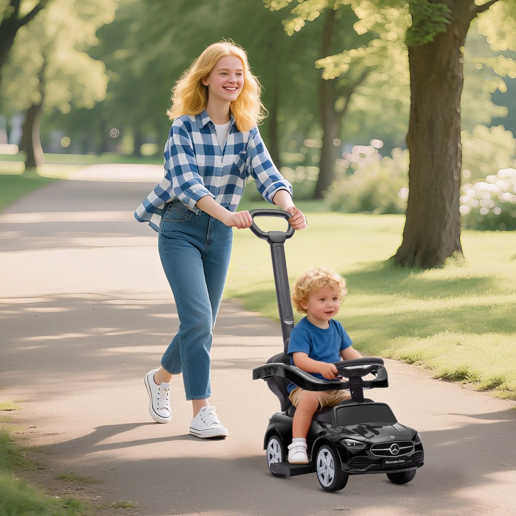 AIYAPLAY Premergător pentru copii Mercedes-Benz sub licență, mașină de împins cu mâner detașabil, 91 x 40 x 83 cm, negru | Aosom Romania