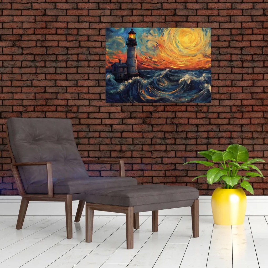 Tablou pe sticlă - Far în valuri (70x50 cm)