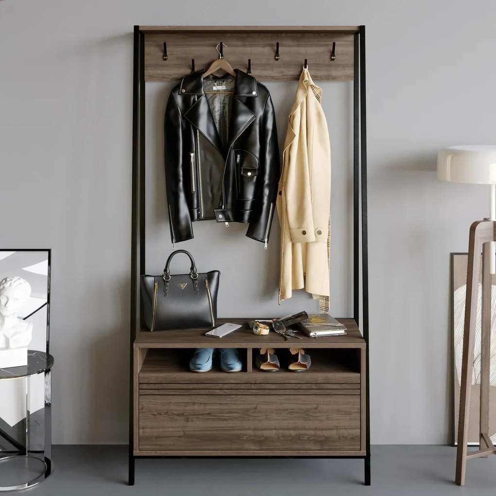 Cuier cu raft pentru încălțăminte Devin Walnut and Black