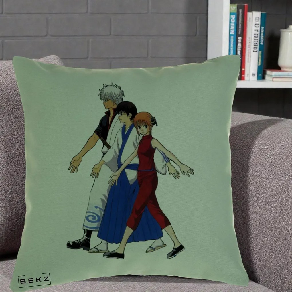 Perna Personalizata Gintama Trio Gintoki Shinpachi Kagura, 40x40 cm, Verde, Husa Detasabila, Perna Inclusa, BEKZ®