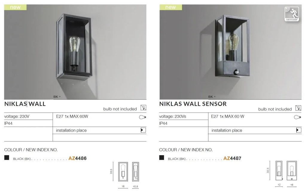 Aplica perete exterior cu senzor de miscare IP44 NIKLAS