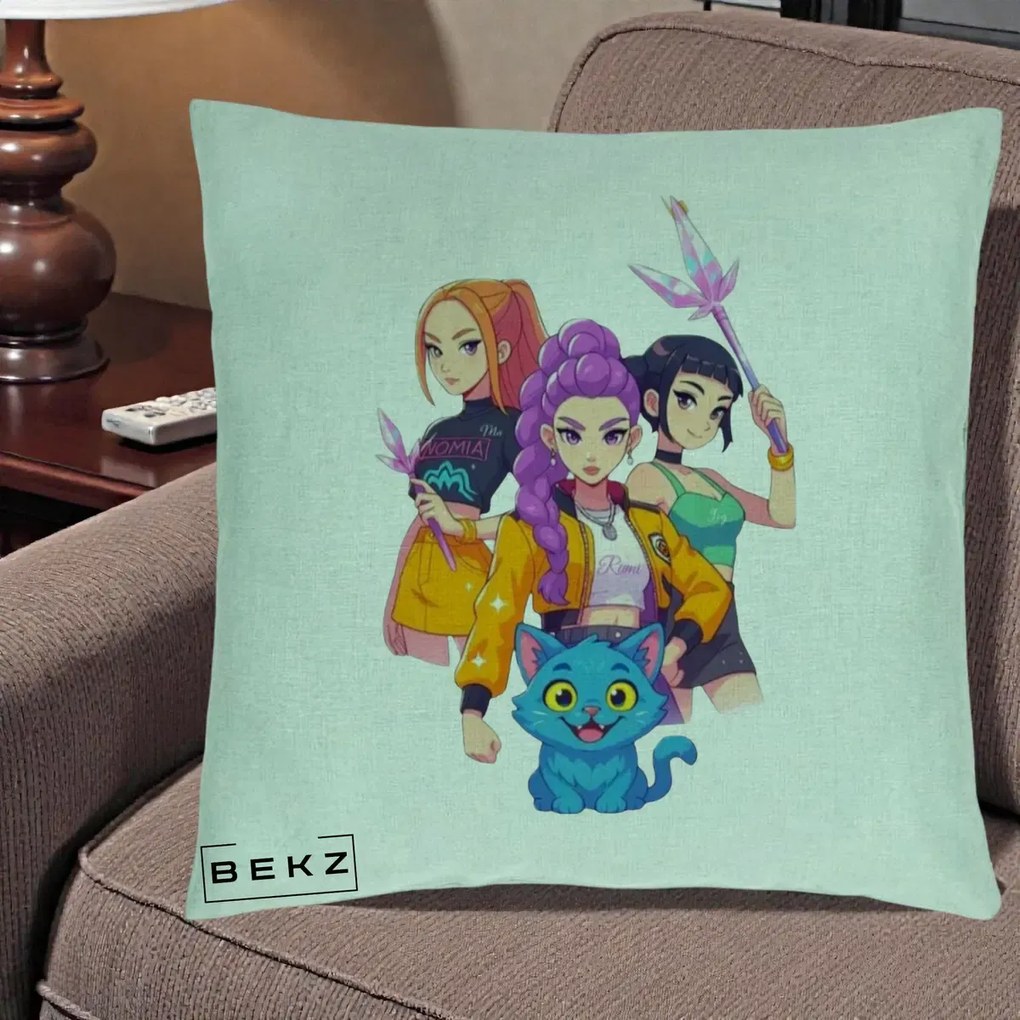 Perna Personalizata K-pop HUNTRX Trio cu Pisica si Cristale, 40x40 cm, Verde Menta, Husa Detasabila, Perna Inclusa, BEKZ®