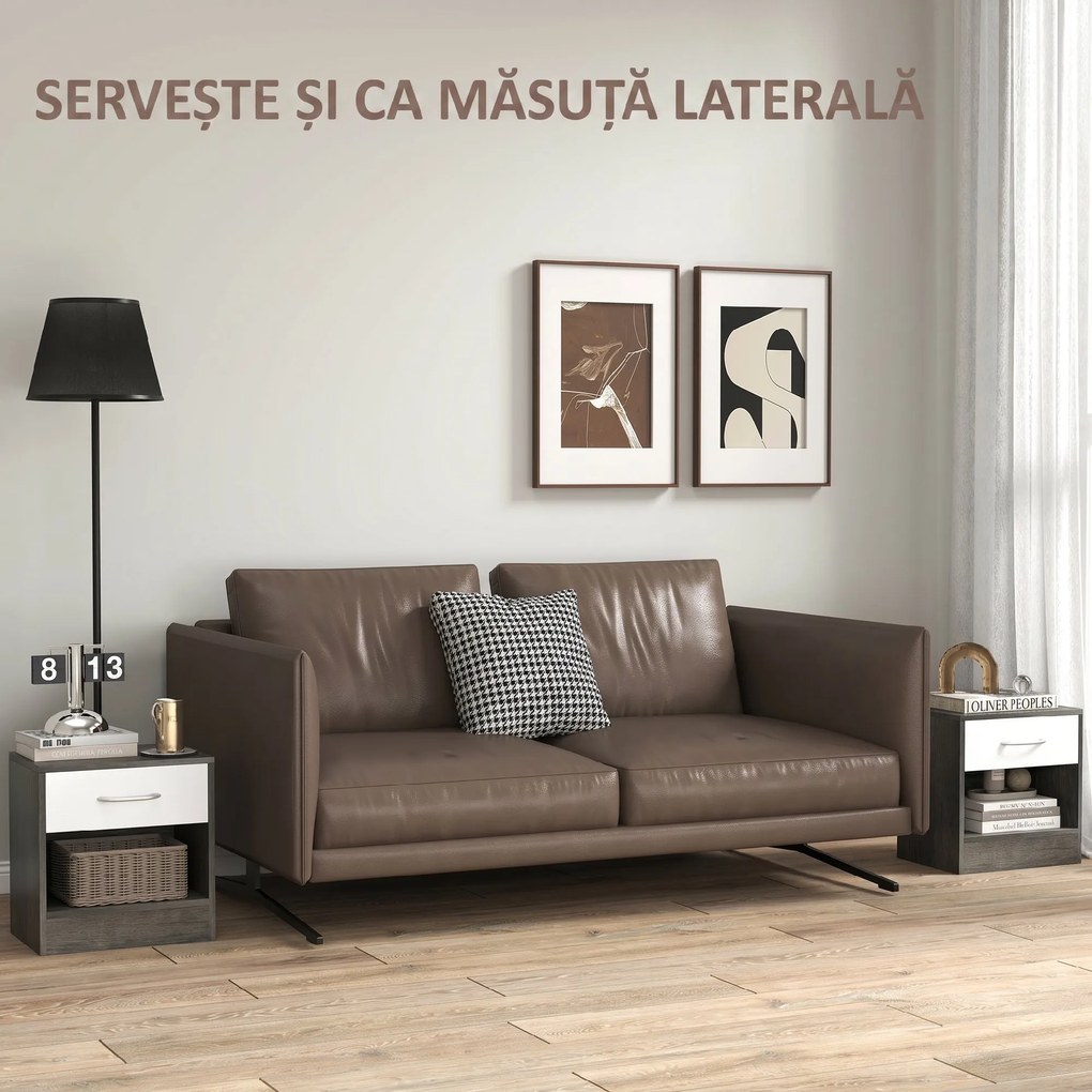 HOMCOM Set 2 Noptiere Moderne cu Raft Deschis și Sertar Alb Gri închis | Aosom Romania
