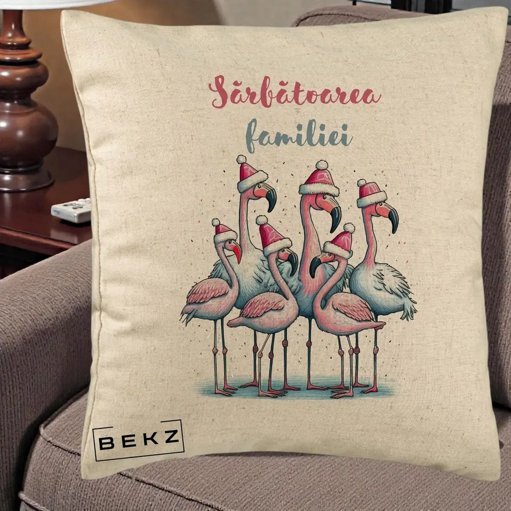 Perna Decorativa Flamingo Craciun Sarbatoarea Familiei, 40x40 cm, Bej, Husa Detasabila, Perna Inclusa, BEKZ®