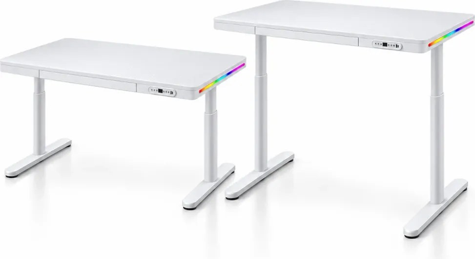 Birou Gaming Electric, Reglabil pe Înălțime 72–117 cm, 2 motoare, iluminare RGB cu telecomandă, încărcare wireless, memorie 2 poziții, sertar integrat, 160× 60 cm, Alb